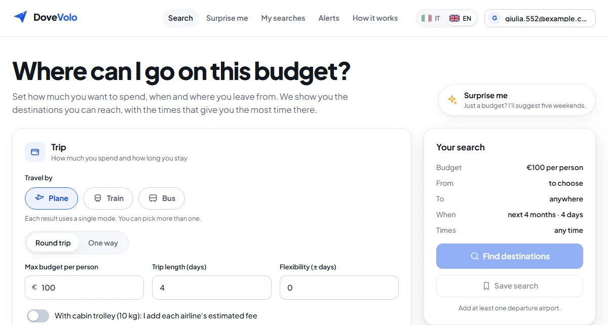 Trip section with trip type, budget, days and flexibility