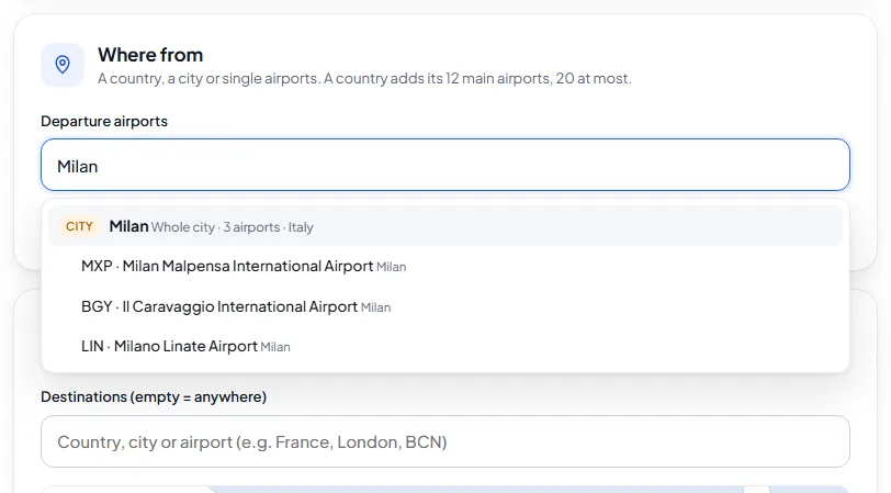 Departure field with Milan at the top and its three airports below