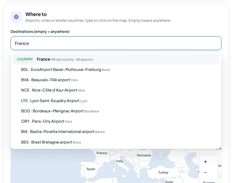 Destinations field with France at the top and its airports below