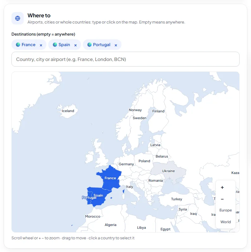 Map with France, Spain and Portugal selected in blue