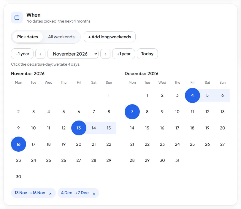 Calendar with two departures selected and the trip days highlighted