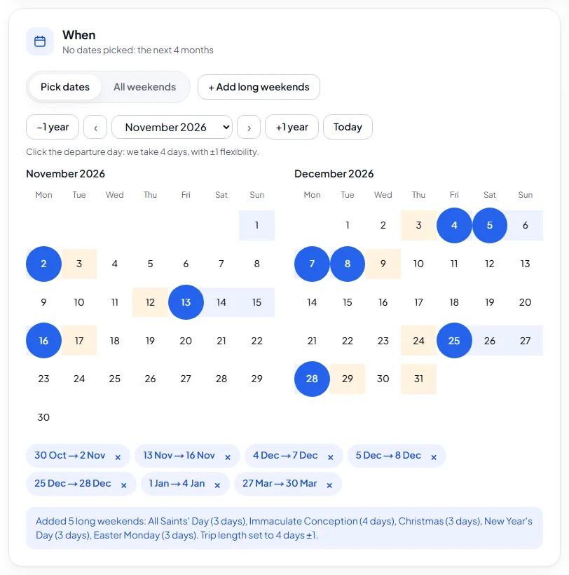 Calendar with public holiday long weekends added as departures