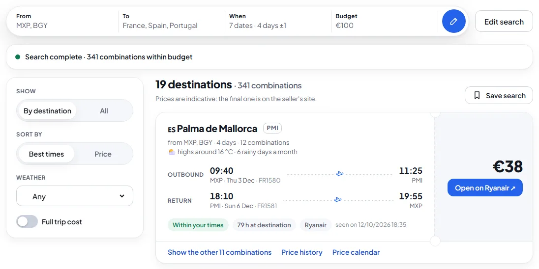 Destination card with outbound, return, price and Open button