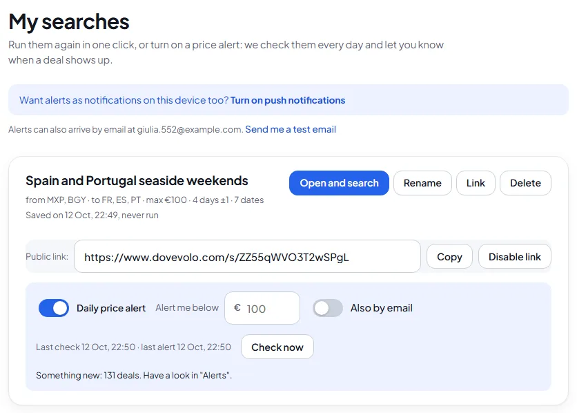 Saved search with a daily price alert on, a share link and a check just done