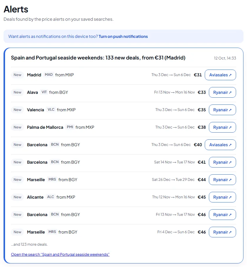 Alerts page with the deals found by a price alert