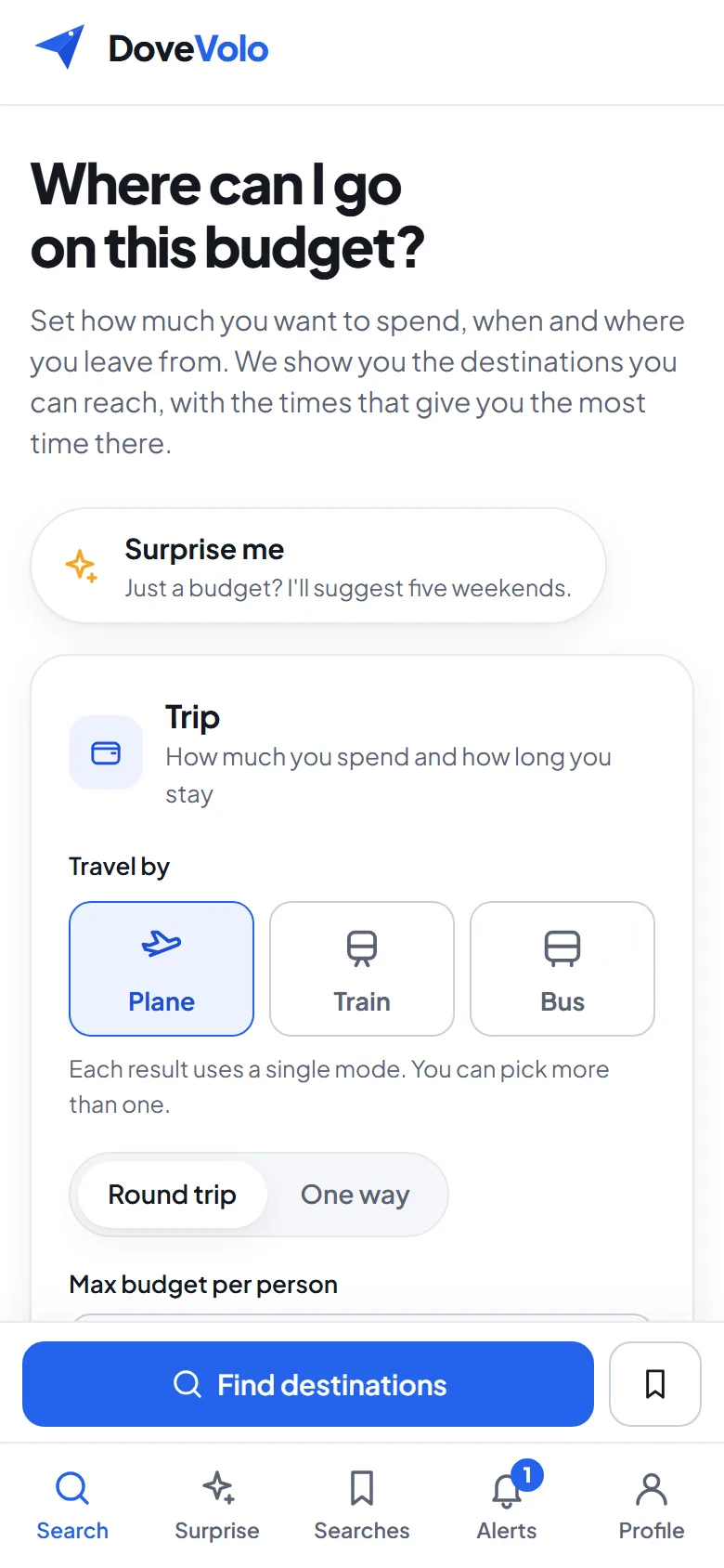 The home page on a phone, with the Find destinations button above the tab bar