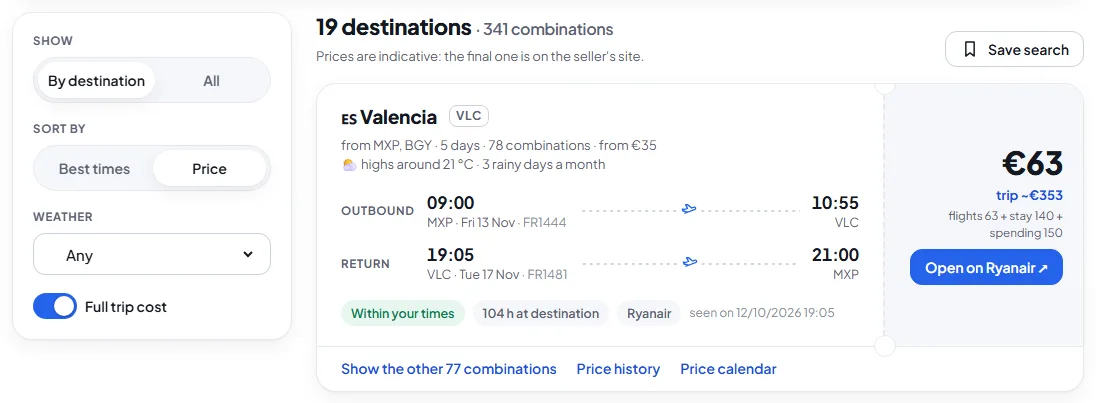 Results with the weather line and the full trip cost next to the price