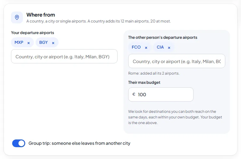 Departure section with group trip turned on, and the other person's airports and budget