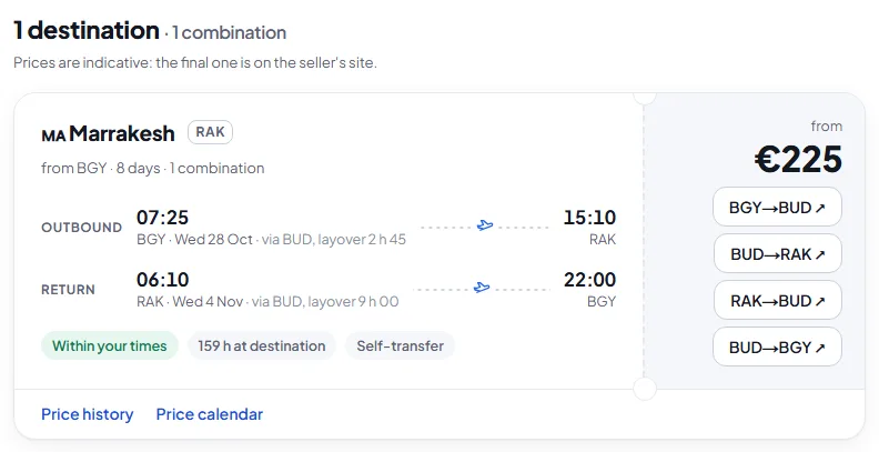 Trip to Marrakech with a stop in Budapest both ways, one link per flight