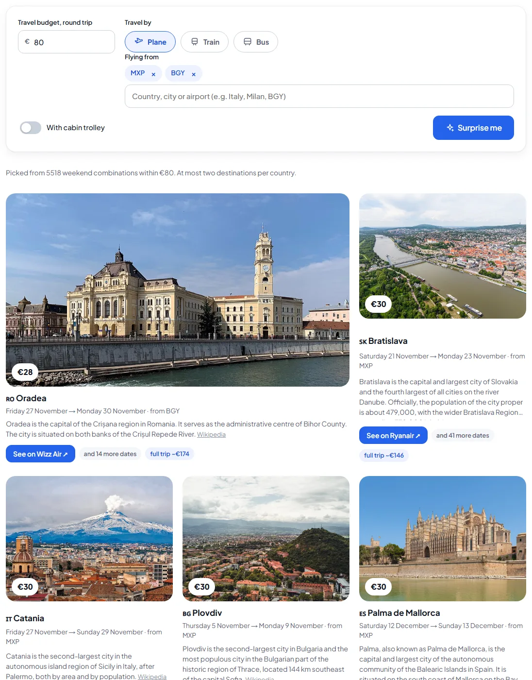 Surprise me page with budget, airports and suggested destinations with photos
