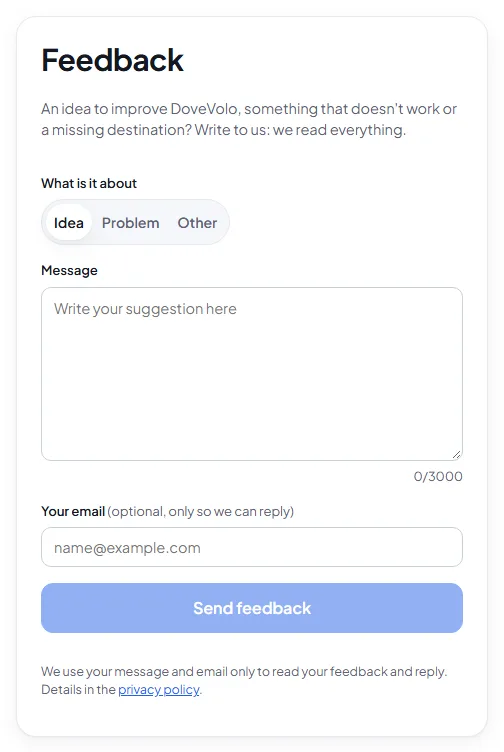 Feedback form with type, message and optional email