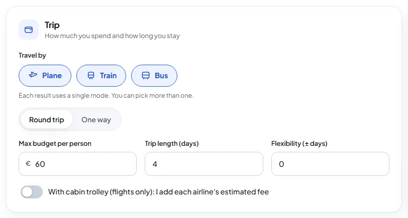 Trip panel with the Plane, Train and Bus buttons switched on