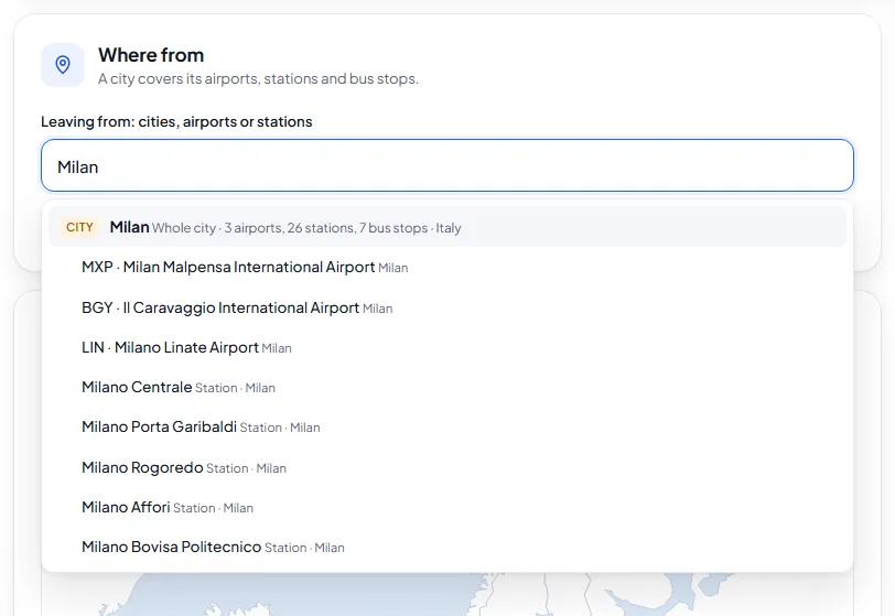 List with Milan and its airports, stations and bus stops