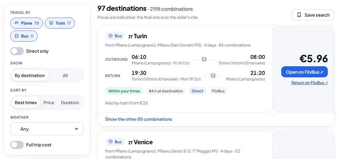 Results with the Travel by filter and bus and train cards