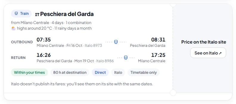 Card of an Italo train saying Price on the Italo site